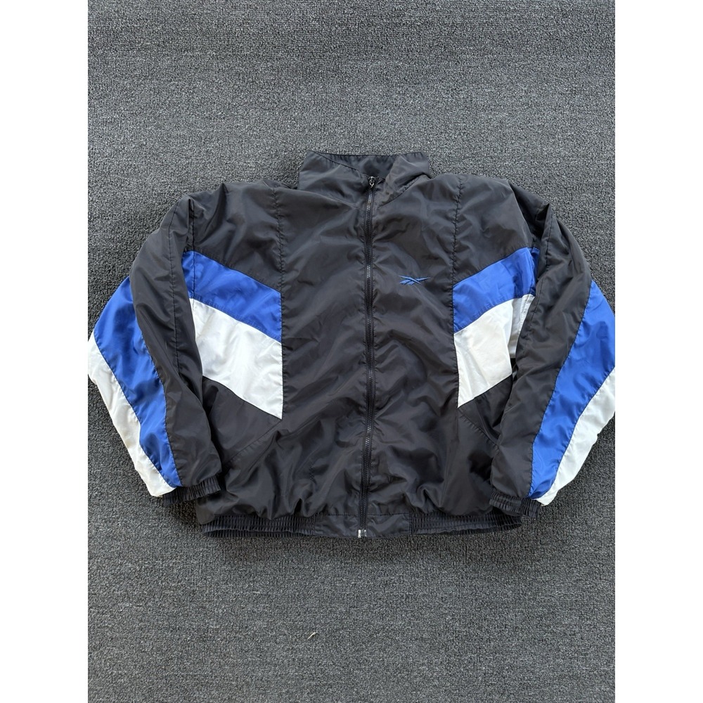 Vintage Reebok Windbreaker Jacket Sz L Colorblock Black Blue Nylon 90s